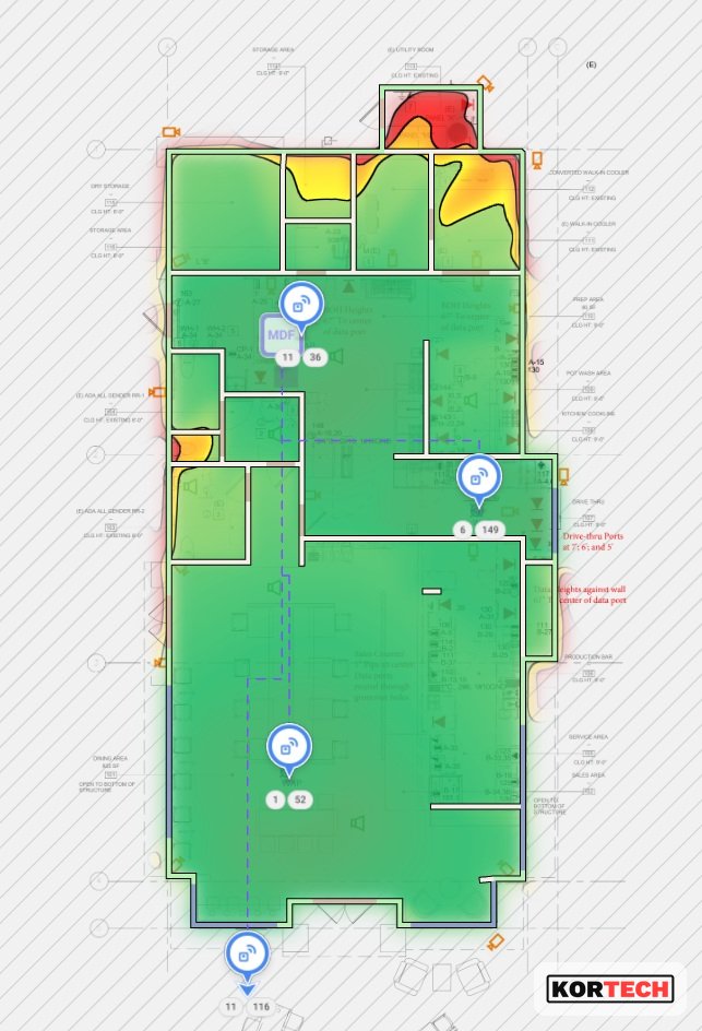 Wi-Fi coverage heat map of a restaurant and kitchen floor
